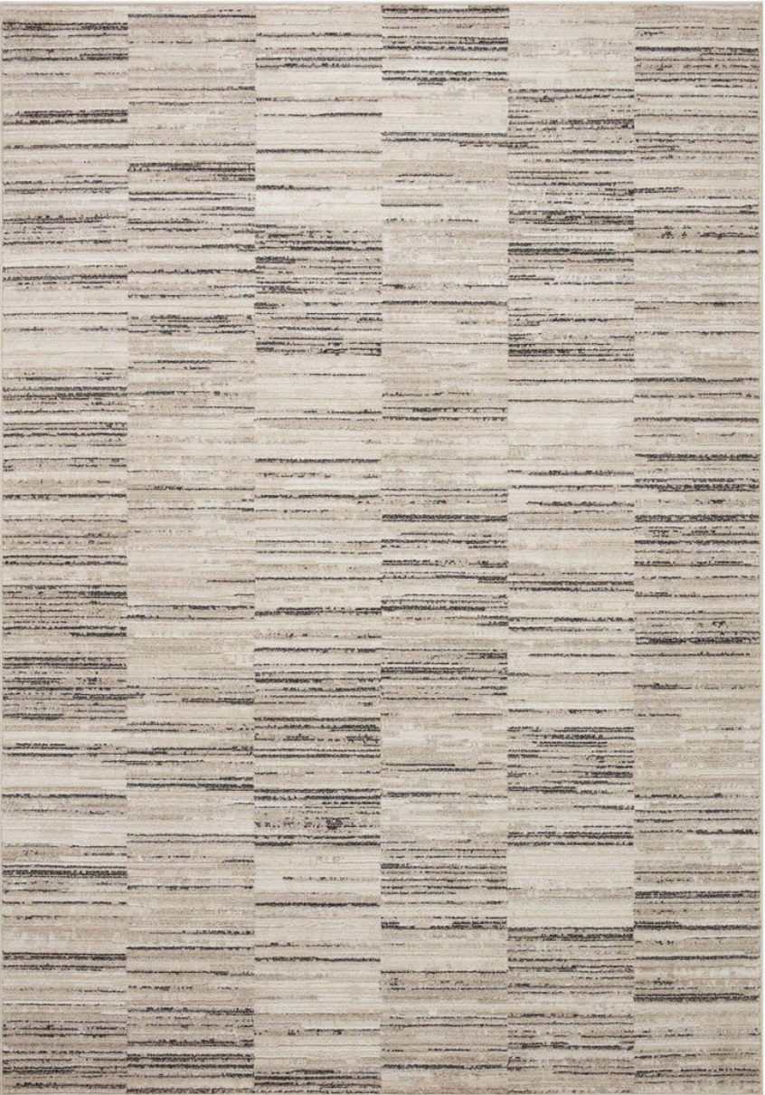 A rug with a charcoal and sand color scheme, featuring a power-loomed precision weave design.