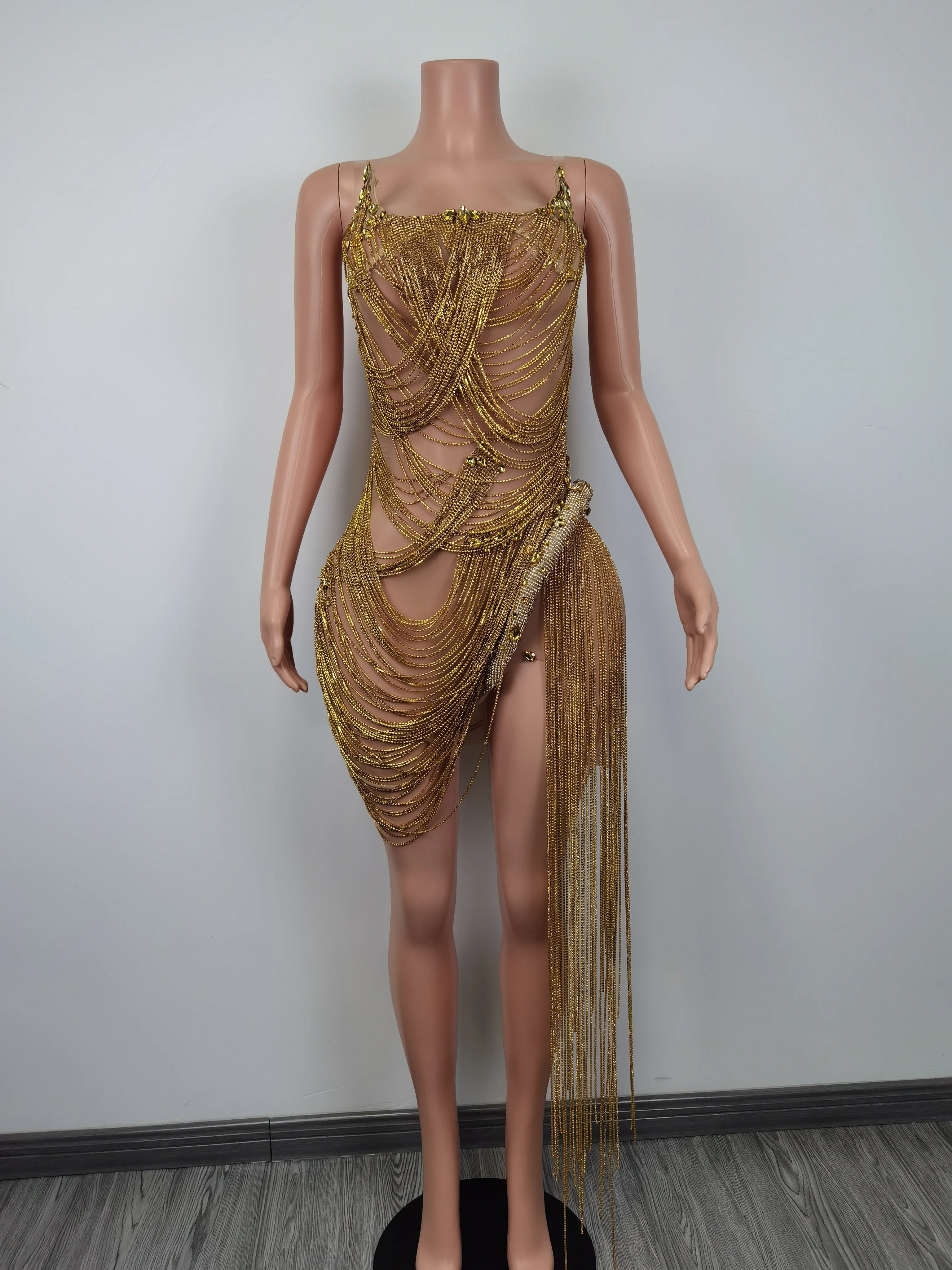 Sparkly Gold Drill Women Prom Dress Fashion Sexy See Through Birthday Queen  Outfit Singer Stage Performance Wear Party Costumes