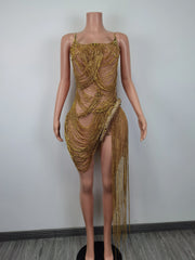 Sparkly Gold Drill Women Prom Dress Fashion Sexy See Through Birthday Queen  Outfit Singer Stage Performance Wear Party Costumes