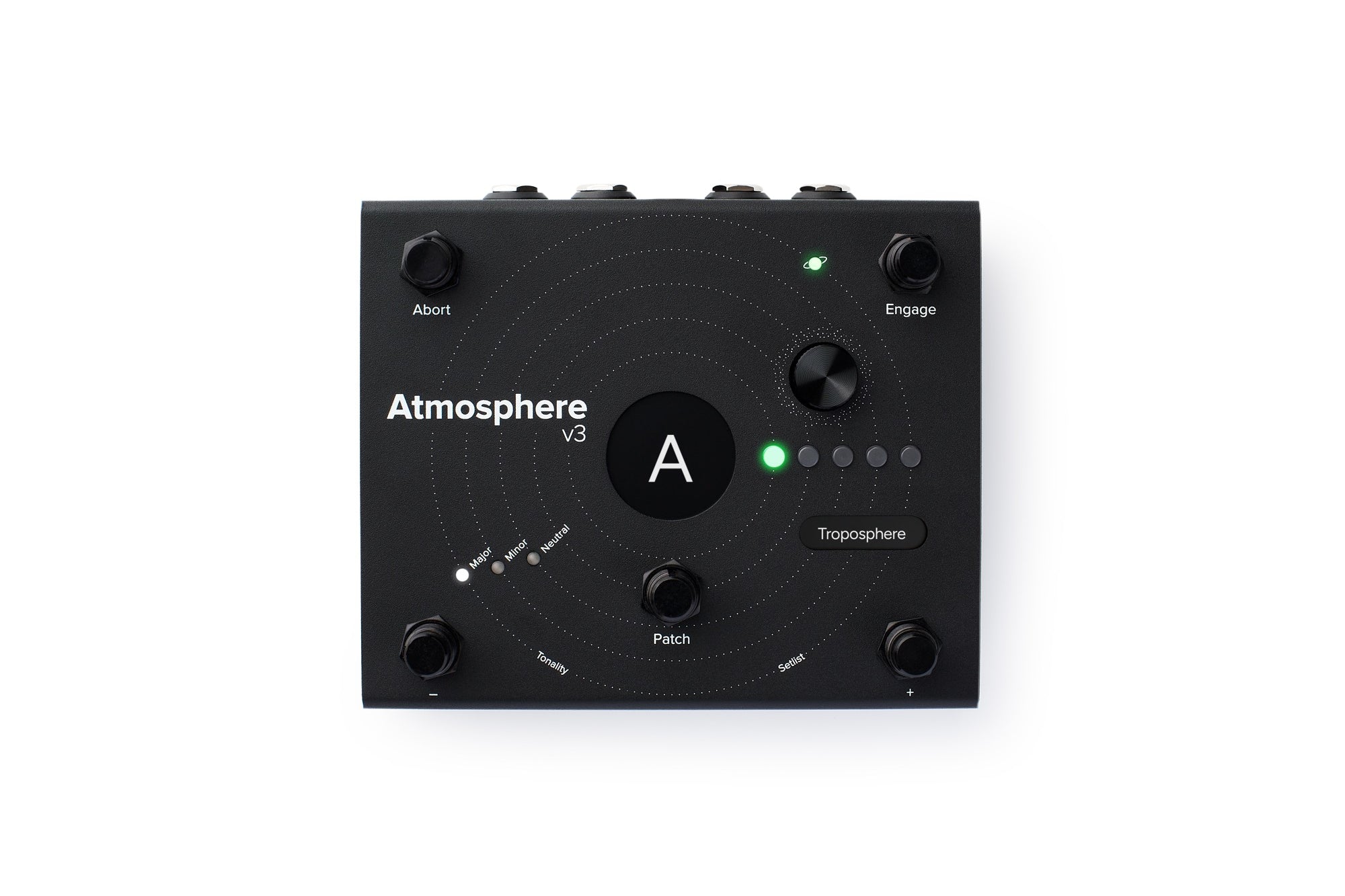 Black Atmosphere V3 pedal flat view on white background. Central black A display with orbital rings, five black footswitches (Abort, Engage, Minus, Patch, Plus), Troposphere encoder, green LED, and Major/Minor/Neutral indicators on matte black surface.