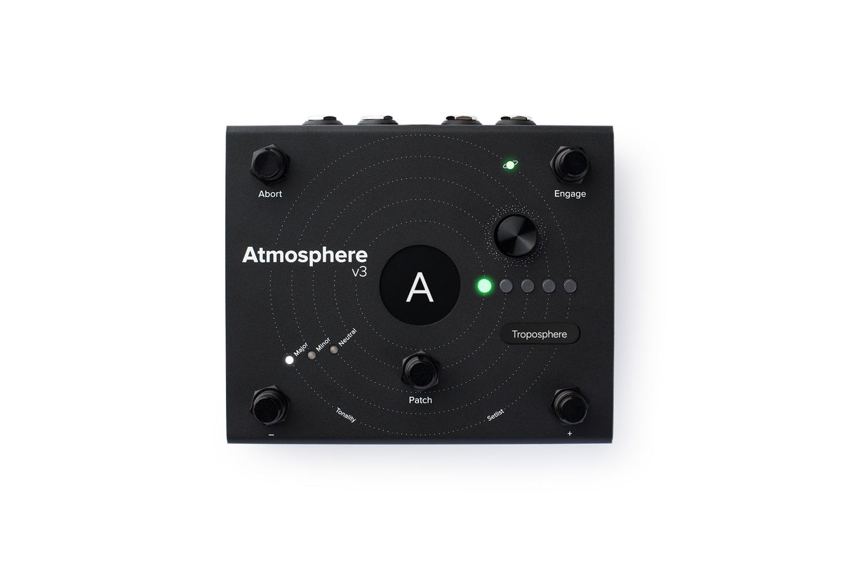 Black Atmosphere V3 pedal flat view on white background. Central black A display with orbital rings, five black footswitches (Abort, Engage, Minus, Patch, Plus), Troposphere encoder, green LED, and Major/Minor/Neutral indicators on matte black surface.