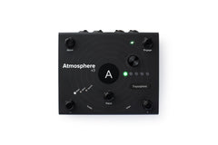 Black Atmosphere V3 pedal flat view on white background. Central black A display with orbital rings, five black footswitches (Abort, Engage, Minus, Patch, Plus), Troposphere encoder, green LED, and Major/Minor/Neutral indicators on matte black surface.