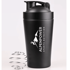 AlpenPower Edelstahl Shaker 600 ml – hochwertiger Proteinshaker aus Edelstahl mit Stahlmischkugel, auslaufsicher und klumpenfrei