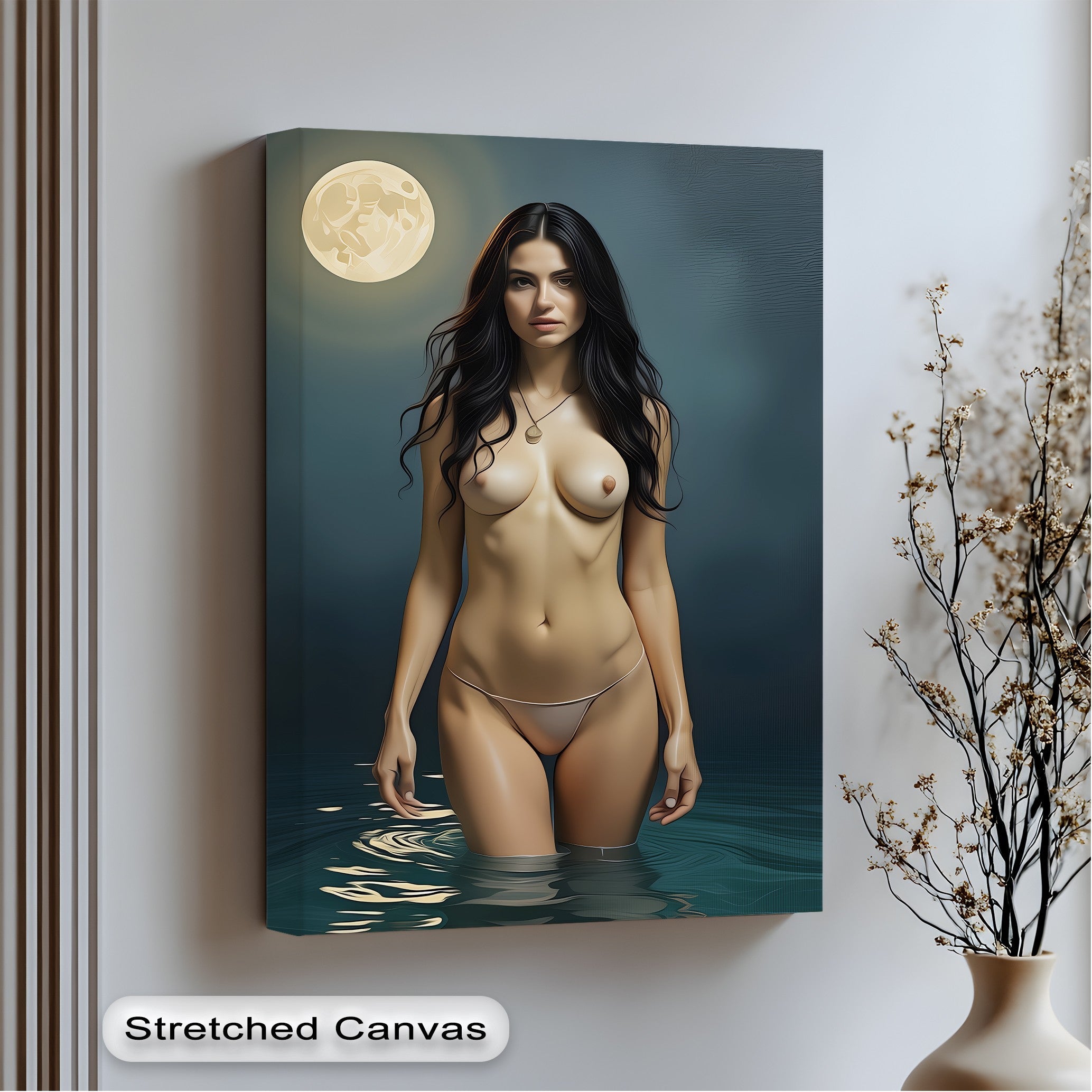 The stillness of the water reflects the moonlit scene of this sensual nude, creating a captivating canvas wall art moment on a stretched canvas.