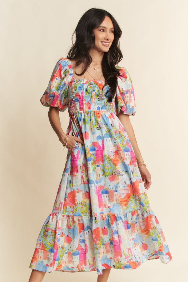 Bright Abstract Print Puff Sleeve Midi Dress (1X - 3X)