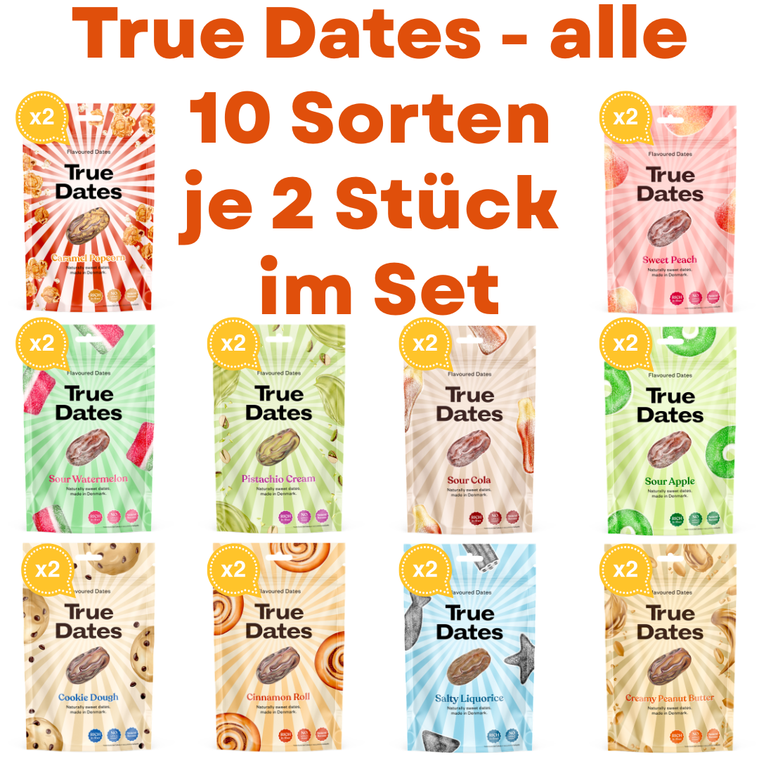 True Dates Probierset – 10 Sorten (je 2×), 20×100g | Sour Cola, Sweet Peach, Creamy Peanut Butter, Cookie Dough, Salty Liquorice, Popcorn Caramel, Pistachio Cream, Cinnamon Roll, Sour Watermelon, Sour Apple | natürlich aromatisierte Datteln