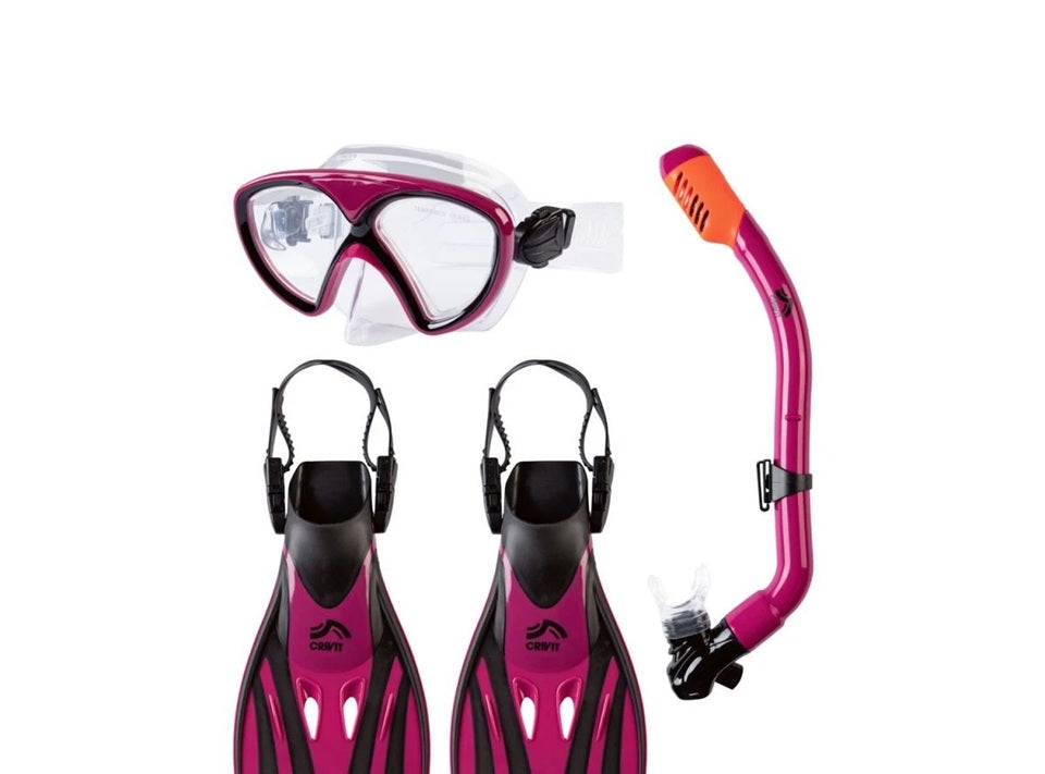 CRIVIT Tauch- und Schnorchel-Set für Erwachsene & Kinder – 3-teilig mit Maske, Dry-Top Schnorchel, Flossen & Signalpfeife