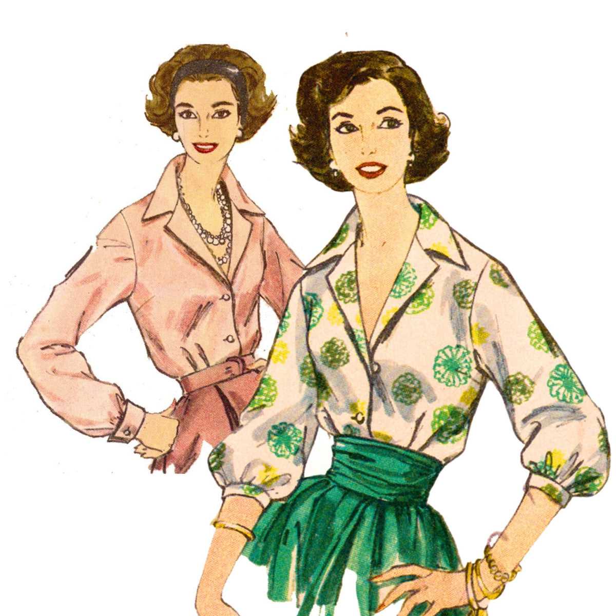 Two vintage-style illustrations of women wearing blouses
