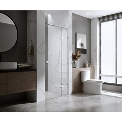 90cm Frameless Wall-to-Wall Shower Screen with Black F-Brackets and Floor F-Bracket, Brass Hinges & Round Knob Handle