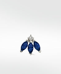 Lark & Berry Blossom Stud earring featuring three marquise-cut blue sapphires and a round diamond in a white gold setting.