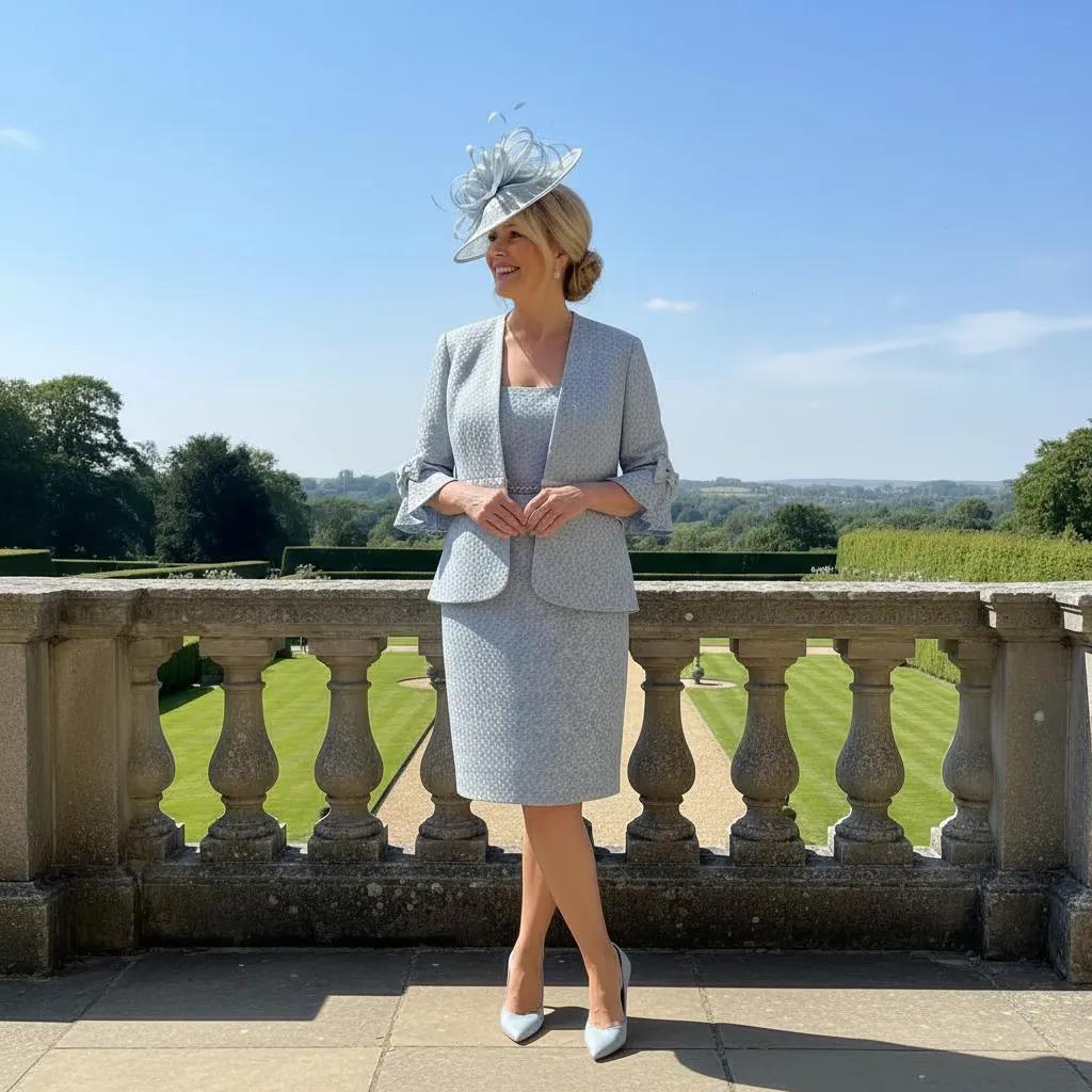 Woman in a plus size Veromia light pastel blue mother of the bride 2 piece suit with a matching fascinator hat standing on a stone ready to attend a wedding.