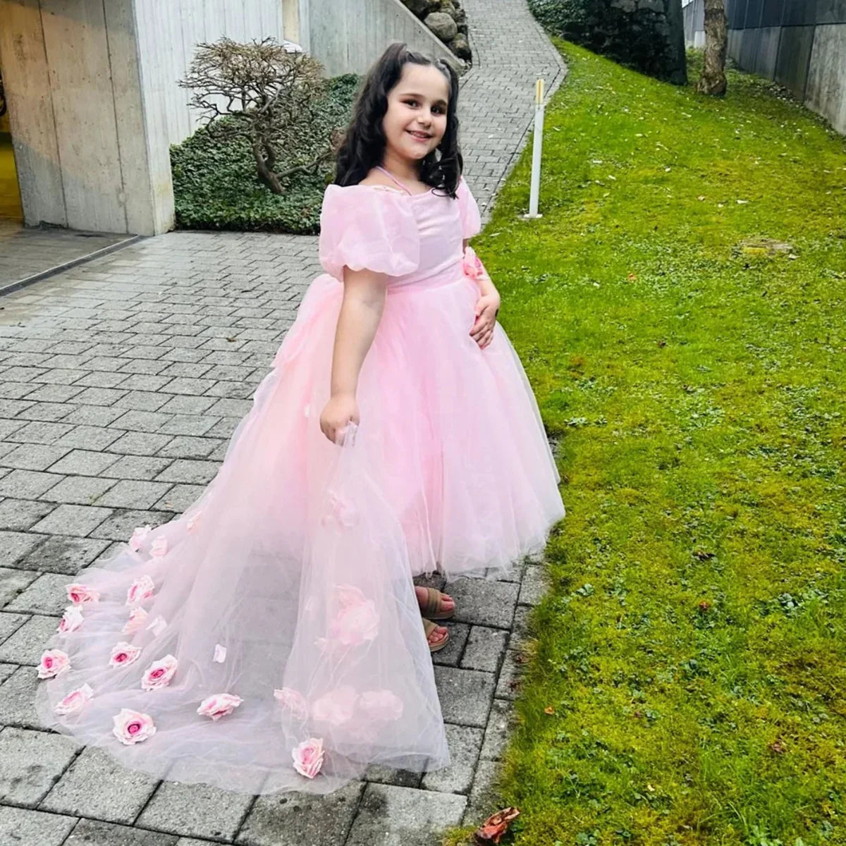 Elegant Pink Girl Dress with Flowers Baby Kids Princess
