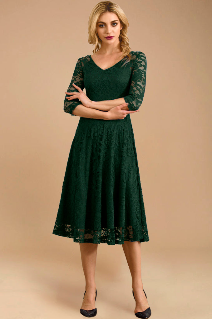 Dressystar women v neck midi lace dress 0058 darkgreen front