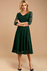 Dressystar women v neck midi lace dress 0058 darkgreen front