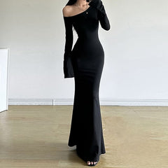 Bell Sleeve Cold-Shoulder Plain Slim-Fit Maxi Bodycon Dress