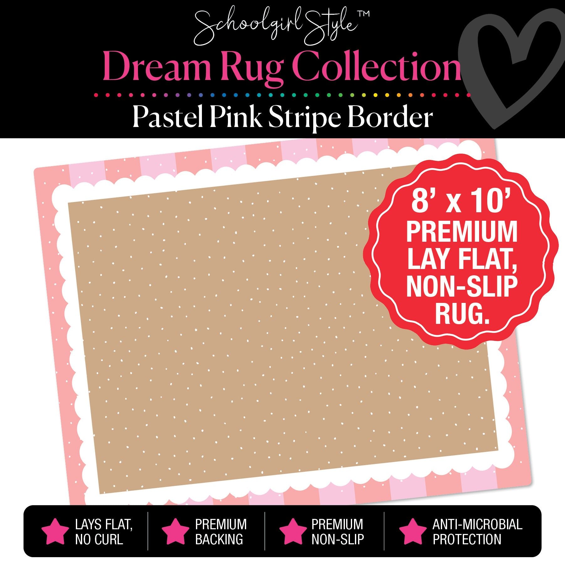 Tiny Dots Banner Backdrop with Pink Stripe Border Classroom Rug by Schoolgirl Style