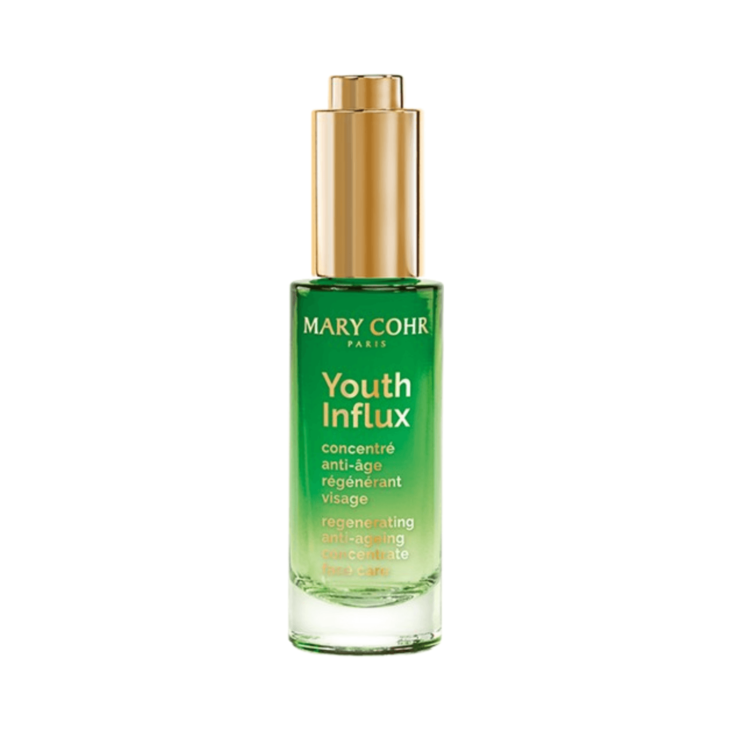 Mary Cohr Youth Influx face serum in green and gold bottle for youthful skin enhancement and cell renewal boost. Ideal for mature skin care routines.
