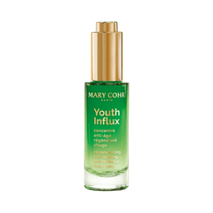 Mary Cohr Youth Influx face serum in green and gold bottle for youthful skin enhancement and cell renewal boost. Ideal for mature skin care routines.