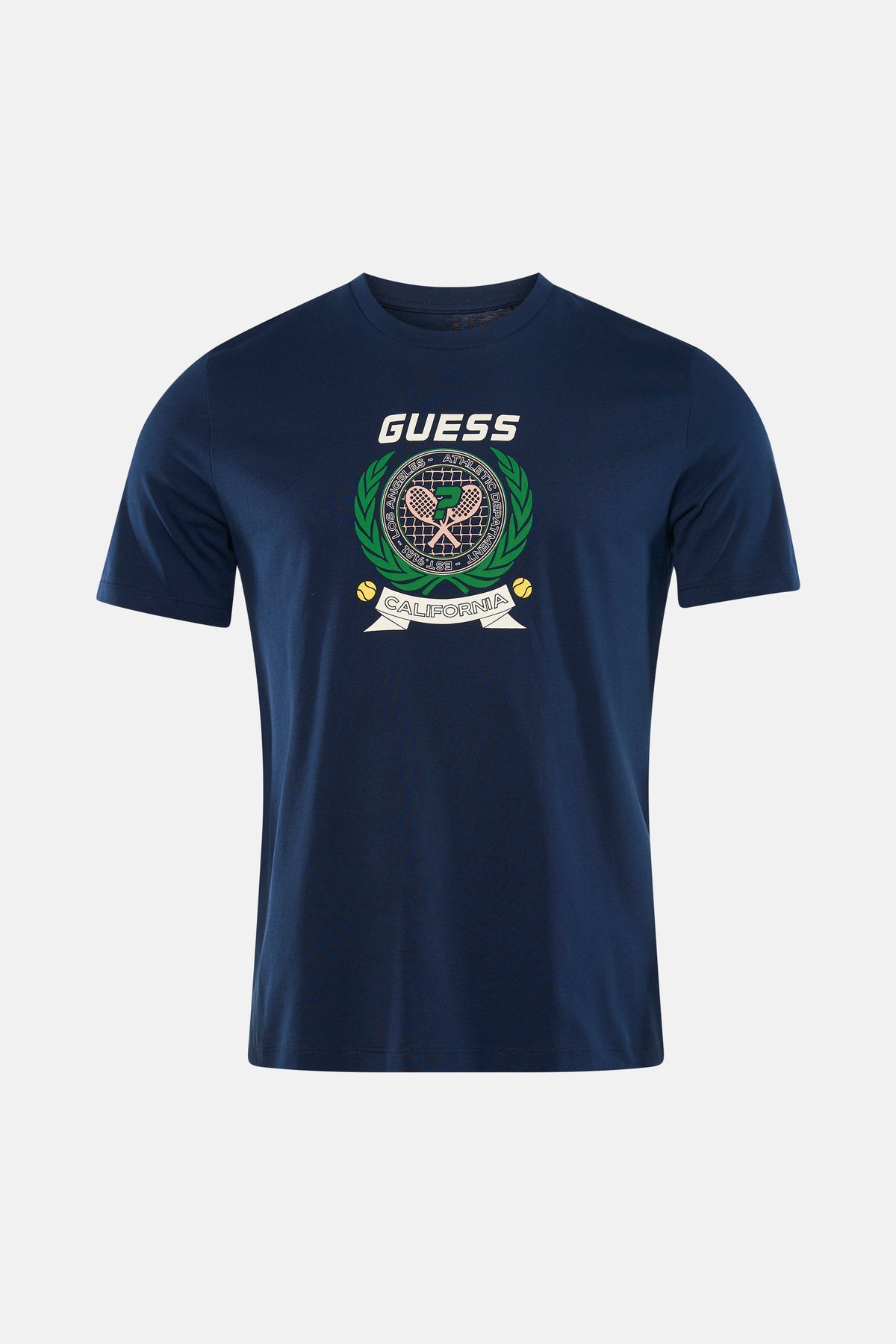 Blauw T-shirt met korte mouwen van Guess, met print van een tennislogo op de borst.