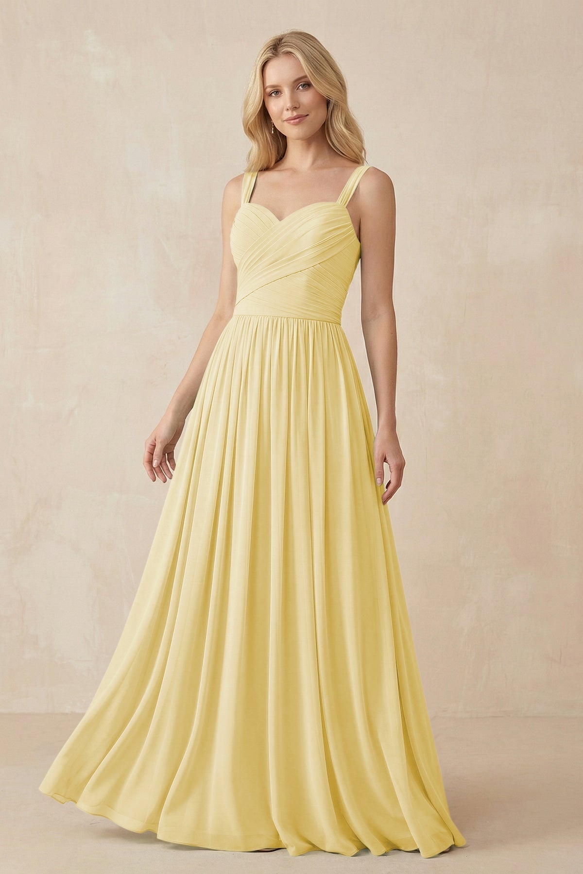 A - Line Pleated Chiffon Long Bridesmaid Dress in Pastel Yellow - KissProm Bridesmaid Dresses