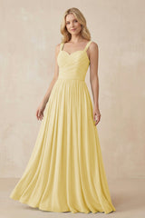 A - Line Pleated Chiffon Long Bridesmaid Dress in Pastel Yellow - KissProm Bridesmaid Dresses