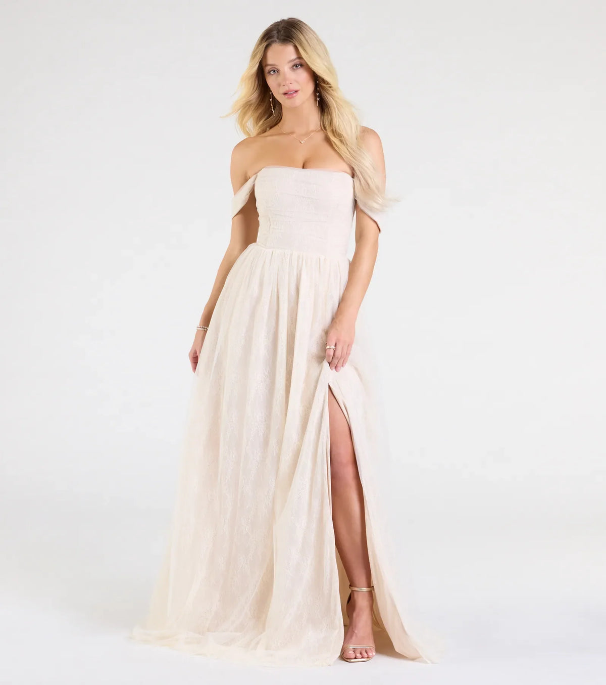 Raelynn Off-The-Shoulder A-Line Lace Ball Gown