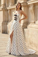 Black - White Sweetheart A Line Polka Dots Satin Long Formal Prom Dresses With Bow - KissProm