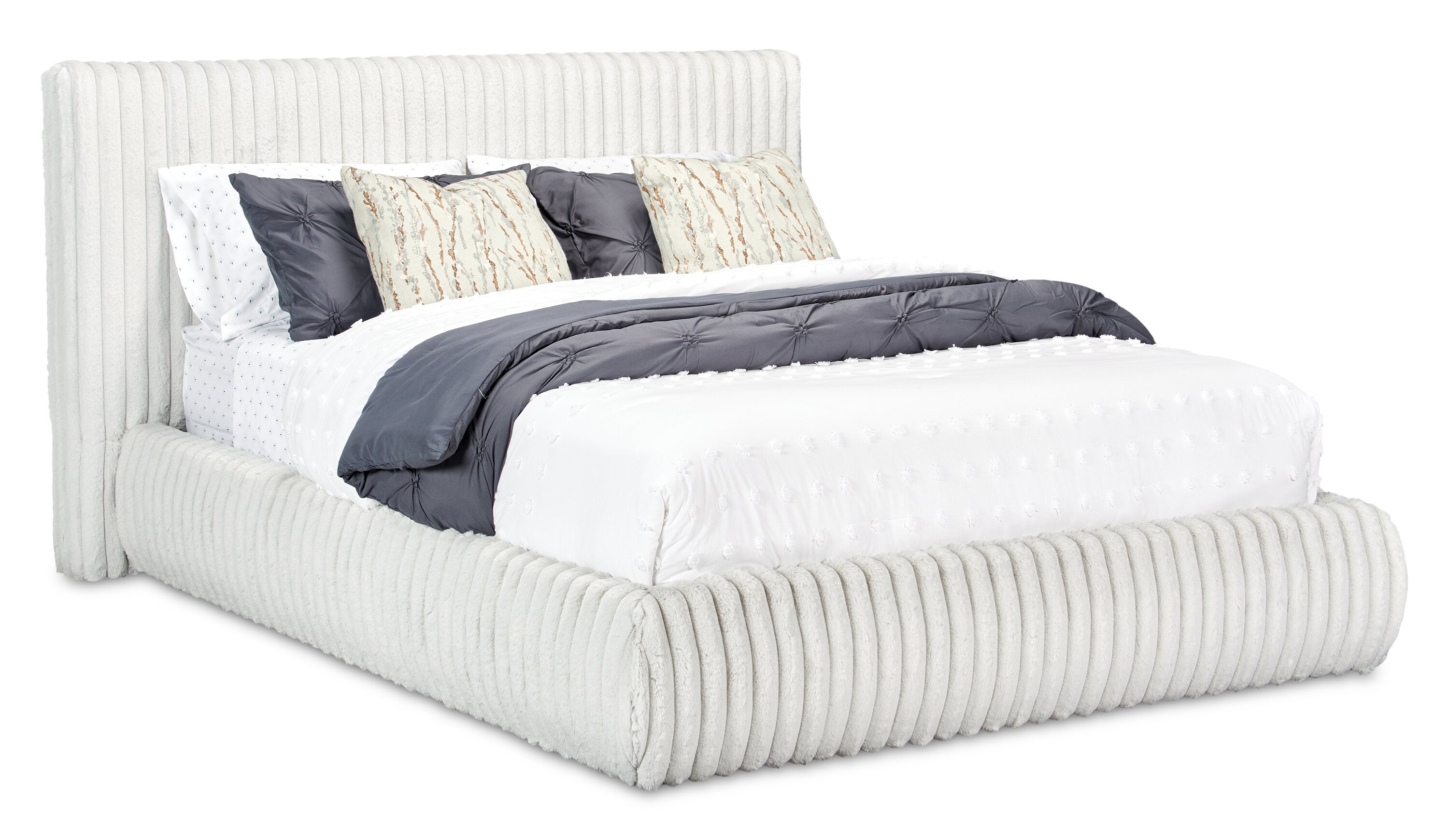 Aria Upholstered Platform Bed in Grey Fabric, Tufted - Queen Size | Lit plateforme rembourré Aria en tissu gris capitonné - format grand lit