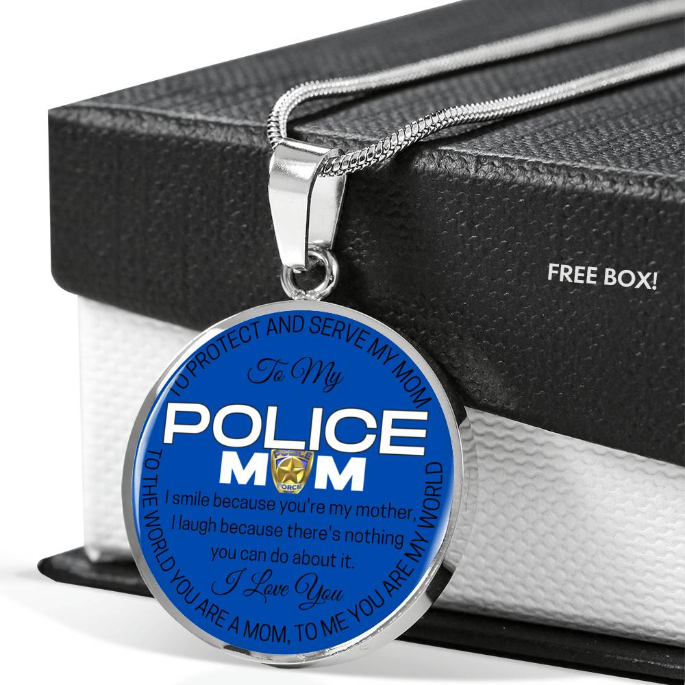 TO MY POLICE MOM BLUE LIQUID GLASS CIRCLE PENDANT NECKLACE