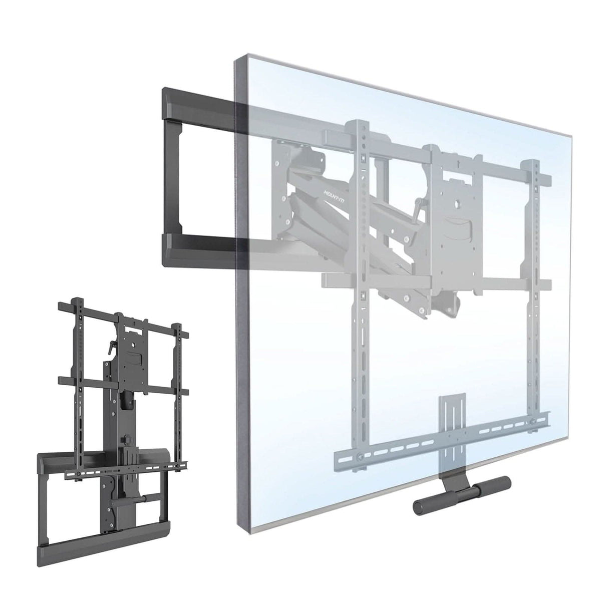 The Mount-It! Pull Down Fireplace TV Mount in black is shown supporting a large flat-screen TV. It features height adjustment, extendable arms, and swiveling joints for flexible positioning, with an isolated view displayed on the left.