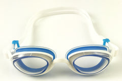 A pair of clear Snake & Pig goggles featuring completely clear lenses, white frames and strap, and light blue gaskets and fish-tail rolling buckles.