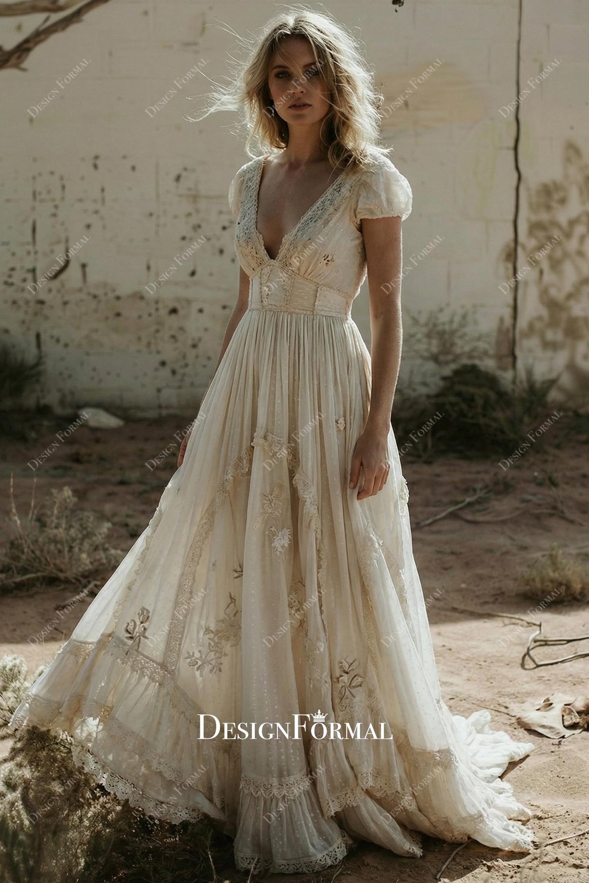 boho tiered A-line wedding dress