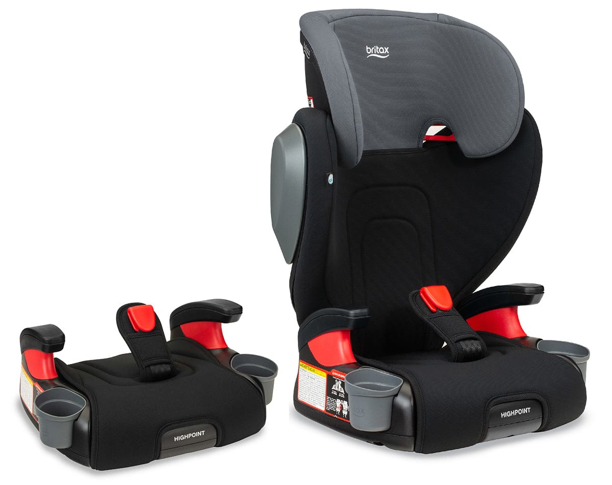 Black ombre belt-positioning booster car seat by Britax, featuring red accents, gray cup holders, and adjustable headrest, shown in side and front views.