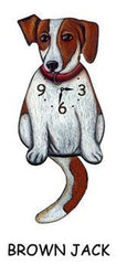 Charming Jack Russell - Brown - Wagging Tail Dog Clock by Pink Cloud: features a brown and white dog with a clock face, red collar, and hanging tail. The text below reads "BROWN JACK." A perfect gift for pet lovers!.