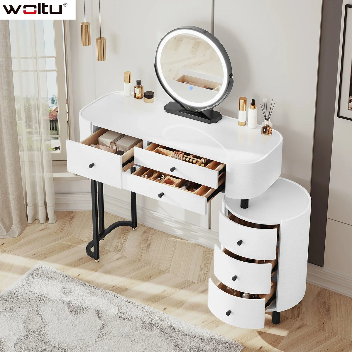 BukkitBow Kaptafel met LED-verlichting, draaibare spiegel, zijkast en drie lichtkleuren voor make-up in slaapkamer