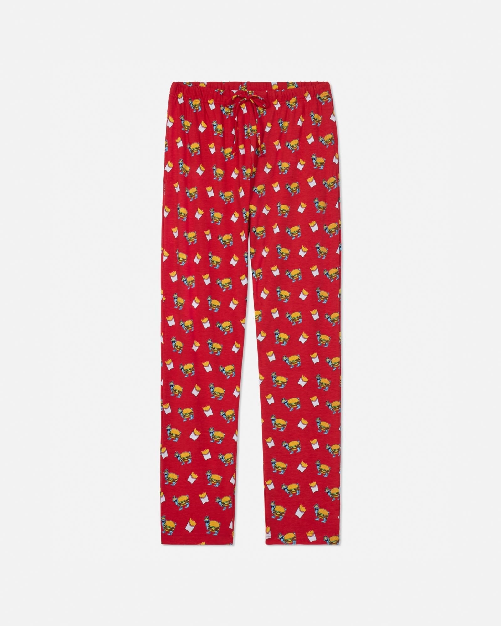 Red pajama pants with burger & fries pattern on a white background