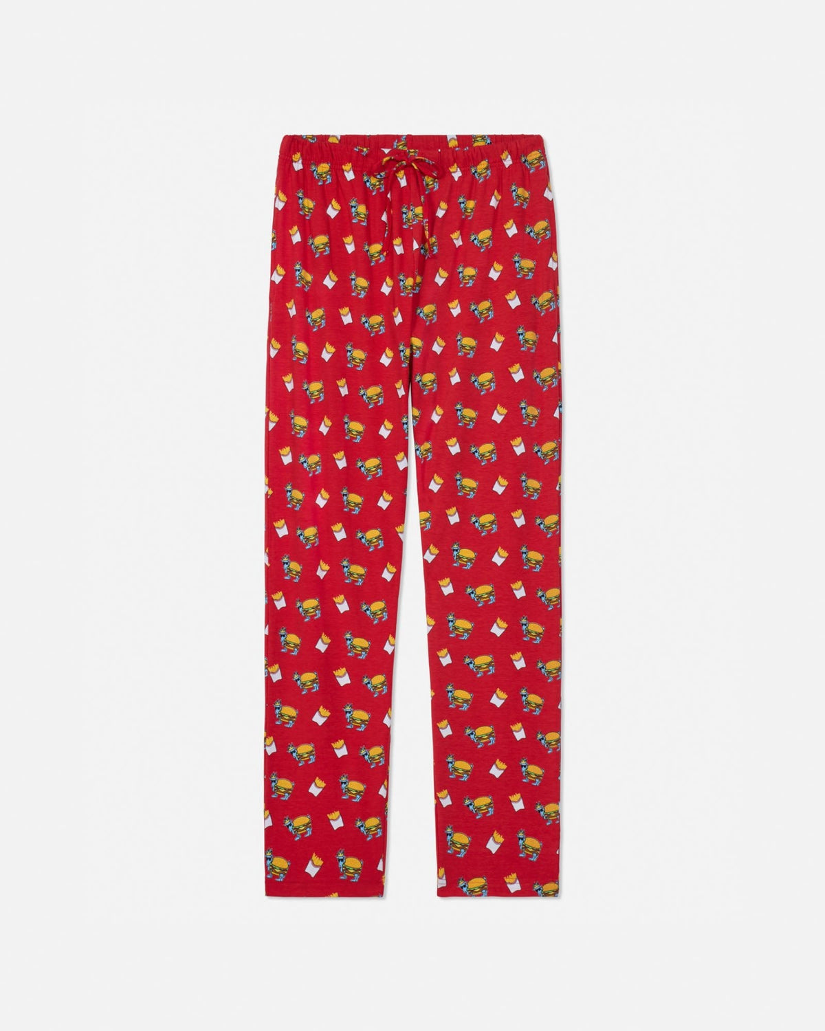Red pajama pants with burger & fries pattern on a white background