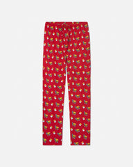 Red pajama pants with burger & fries pattern on a white background