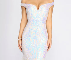Andrina Iridescent Sequin & Tulle Off Shoulder Mermaid Dress