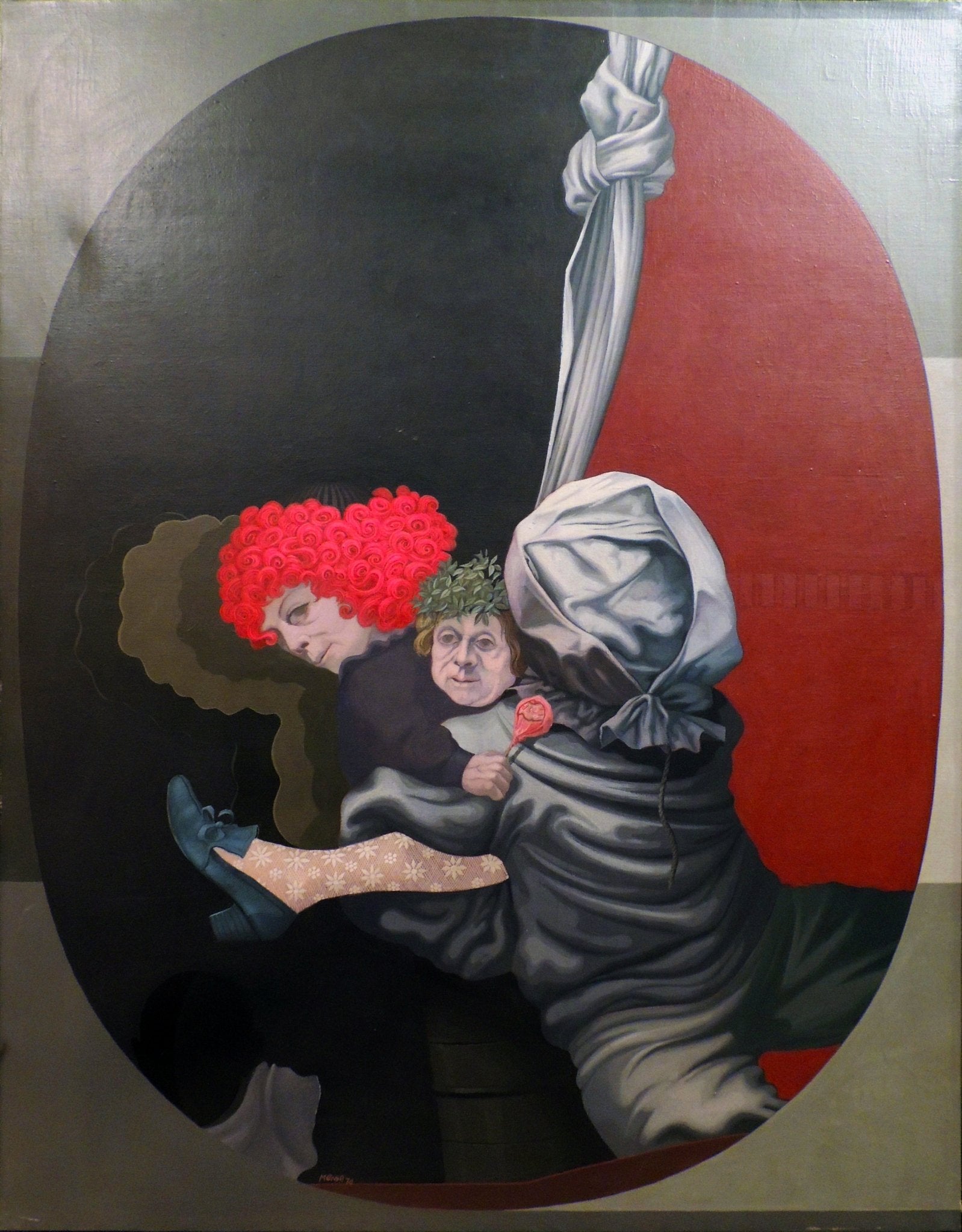 Pintura contemporánea de Carlos Mensa con tres figuras simbólicas en composición oval, contrastes de rojo y negro y atmósfera surreal y teatral.