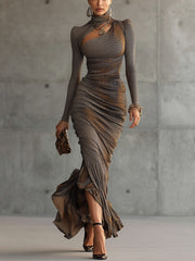 24-Hour-Shipping Brown Leopard Print Pleated Cutout Maxi Dress