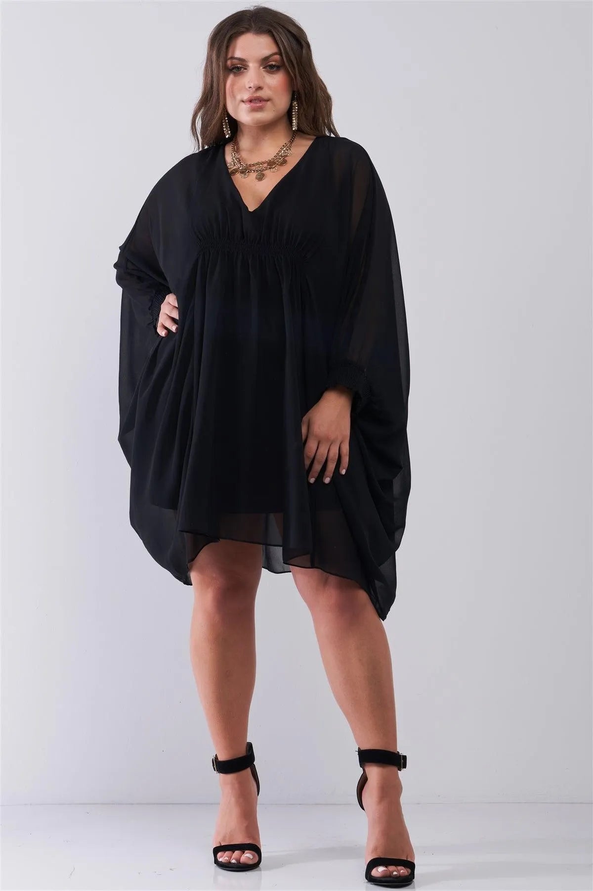 Junior Plus Black Poncho V-Neck Gathered Front Long Sleeve With Elasticated Cuff Mini Dress /1-2-3 - Tasha Apparel Wholesale