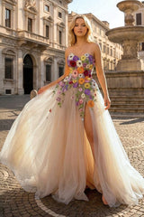 Champagne A Line Sweetheart Flower Long Prom Dress With Appliques - KissProm