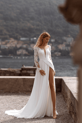 Corset Back Wedding Dress - Long Sleeves Wedding Dress with High Slit - Aline Wedding Dress with Lace Sleeves Plus Size - WonderlandByLilian