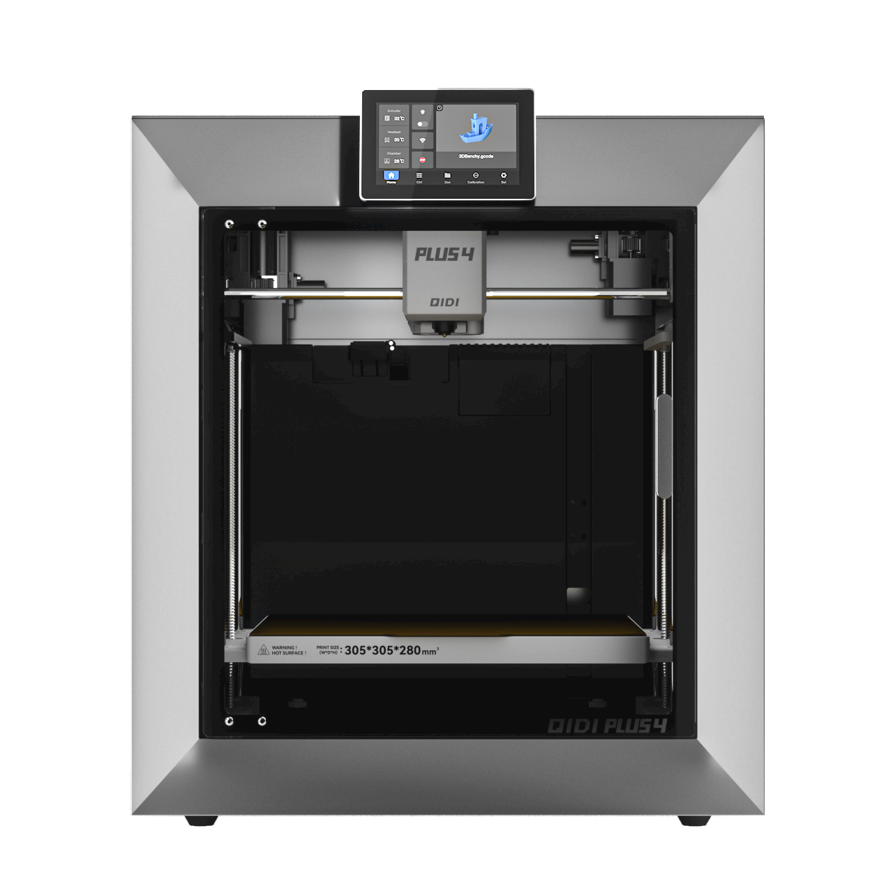 QIDI Plus4 3D printer with touchscreen, showing a 3D Benchy model on screen. Features a build volume of 305x305x280mm.