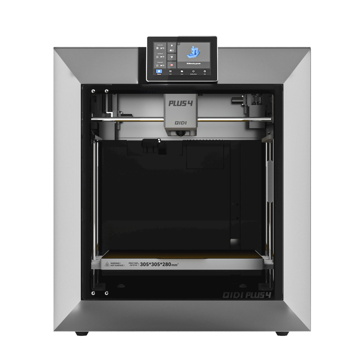 QIDI Plus4 3D printer with touchscreen, showing a 3D Benchy model on screen. Features a build volume of 305x305x280mm.