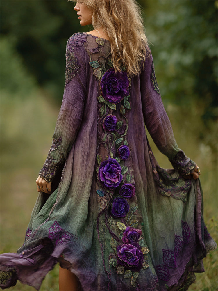 Vintage Purple Roses Glitter Fiber Art Forest Gradient Flowy Linen Cardigan artswardrobe