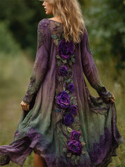 Vintage Purple Roses Glitter Fiber Art Forest Gradient Flowy Linen Cardigan artswardrobe