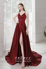Seductive Dark Red Satin Thigh High Slit Prom Dress