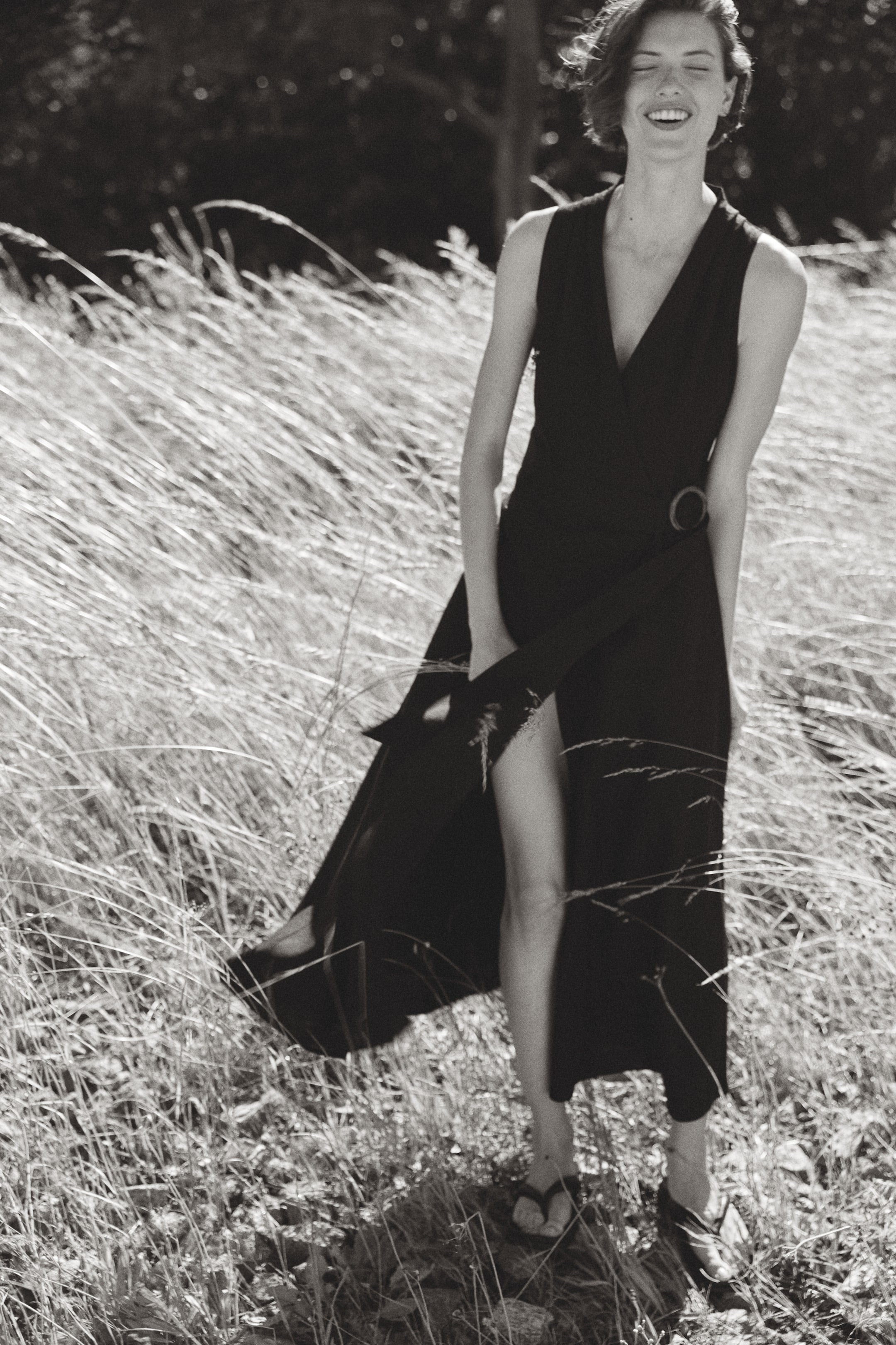 Women's Black Linen-Blend Wrap Dress